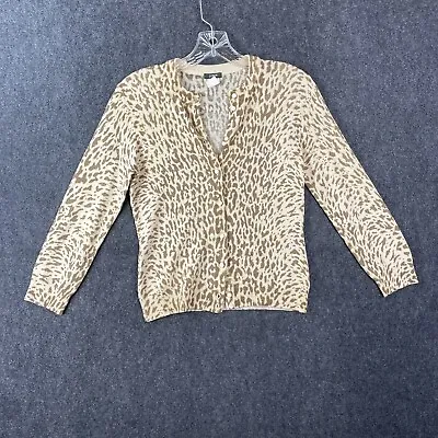 J Crew Cheetah Print Button Up 100% Wool Sweater Cardigan 3/4 Sleeve Size Small • $19.99