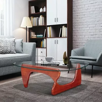 12mm Modern Triangle Cocktail Coffee Table Glass Wood Leg Living Room End Table • $255.55