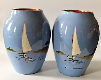 Matching Pair Of Large Babbacombe Torquay Pottery Vases  Sailing Boat  • £30