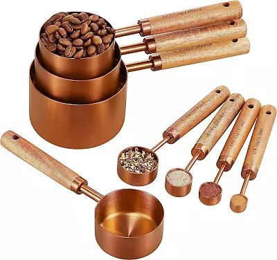 Copper Stainless Steel Measuring Cups And Spoons Set Of 8 Wooden Handle • $39.71