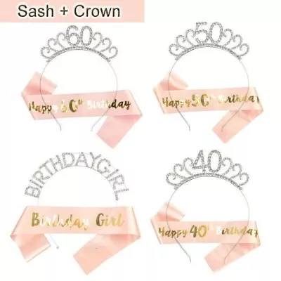 Birthday Silver Tiara Headband Rose Gold Sash 16/18/21/30/40/50/60th Girls Crown • £4.79