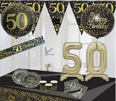 Age 50th & Happy Birthday Black Gold Party Decorations Bunting Banners Balloons • £9.49