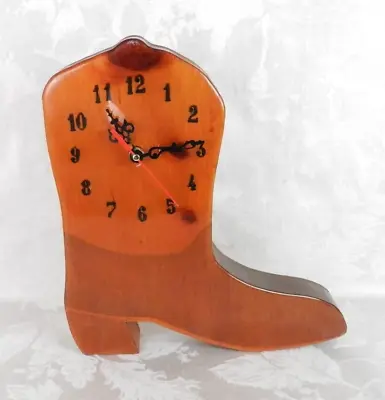 Vtg Wooden Cowboy Boot Clock Wall Desk Table Handmade Man Cave Battery 12  H • $39.24