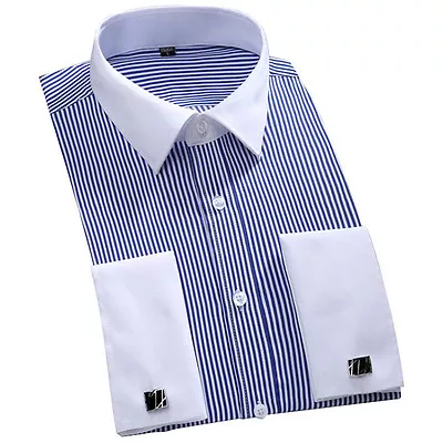 £17.72 • Buy Mens Dress Shirts Luxury Casual Striped White Collar Camisas French Cuff Shirts