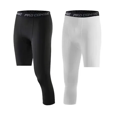 Men Athletic One Leg Compression 3/4 Capri Tights Pants Basketball Base Layer • $11.87
