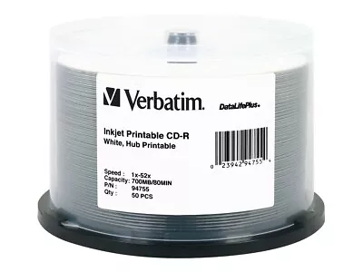 50 X Verbatim Printable CD 52X 700MB 80Min CD-R White Inkjet Printable #94755 • $33.95
