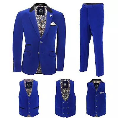 Mens Blue Velvet Vintage 3 Piece Suit Blazer Waistcoat Trouser Sold Separately • £44.99