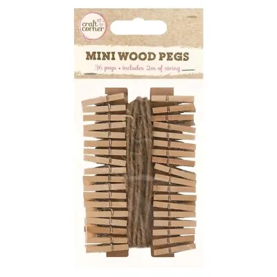 36 X Mini Wood Pegs + 2m Of Jute String Craft Wedding Hanging Photo Clips Wooden • £2.99