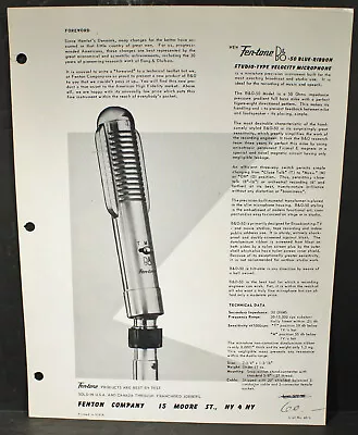 Fenton Fen-Tone B&O-50 Blue Ribbon Studio-Type Velocity Microphone Leaflet  A19 • $9.95