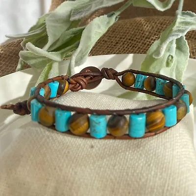 Men's 8mm Turquoise With Matte Tiger Eye Beaded Leather Wrap Bracelet • $26.99