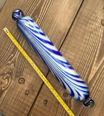 Vintage Blue And White Swirl Nailsea Style Rolling Pin 36cm • £50