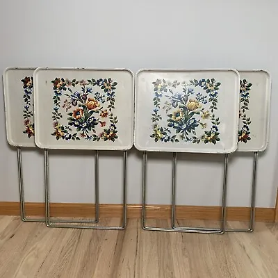 Vintage DURHAM TV Trays Set 4 Metal Cream Floral Pattern Steel Legs • $199