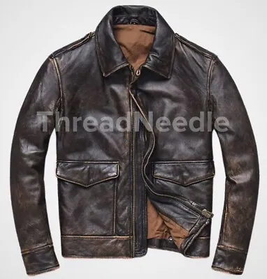 Men's Vintage Brown Motorcycle Slim Fit Cafe Racer Biker Real Leather Jacket • $24.99