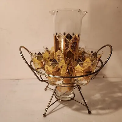 Mid-century Modern Cocktail Bar Set W/carry Caddy Gold Pineapples 6 Glasses Lqqk • $155