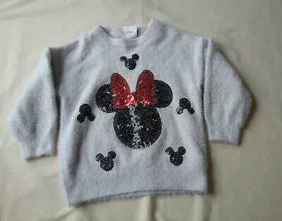 Disney Minnie Mouse 2-3 Years Girls Jumper Grey Off White Fluffy Sequins • £7.49