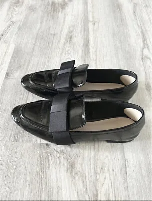 $37.99 • Buy Zara 39 Size Shoes Black Shiny Flats Loafers With Bow Super Cute