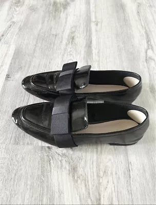 Zara 39 Size Shoes Black Shiny Flats Loafers With Bow Super Cute • $36.99