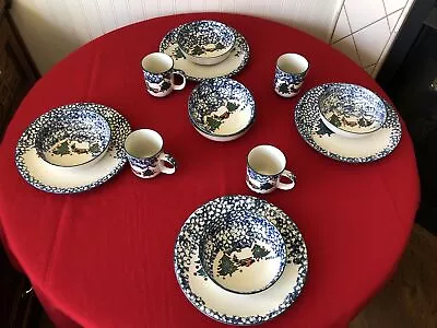 Folk Craft By Tienshan Cabin In The Snow Spongeware Dinner Ware Set 14 Pieces • $129.99