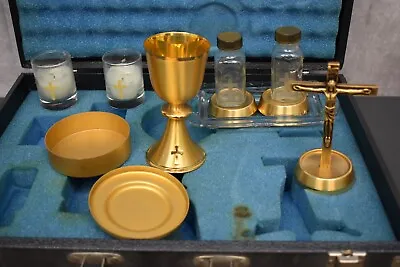 Older Travelling Mass Kit In Case: Chalice Paten Altar Cross Host Box (CU618) • $294