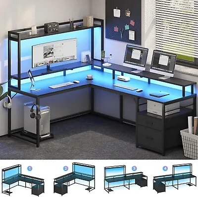 L Shaped Computer Desk With File Drawer Home Office Desk LED Gaming Desk Black • $179.89