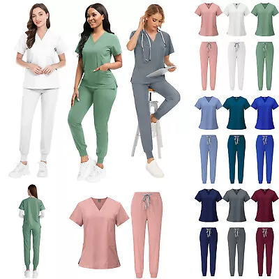 Unisex Stretch Nurse Uniform Medical Scrub Sets Women Men V-Neck Top Jogger Pant • $31.34