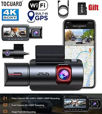 $199.99 • Buy TOGUARD WIFI Dash Cam 4K Front Inside And Rear Car Camera Night Vision GPS 64GB