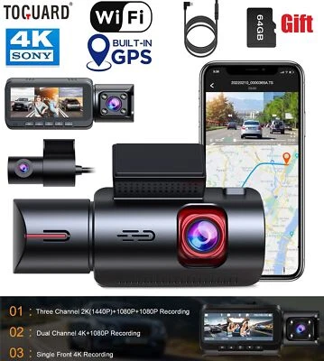 TOGUARD WIFI Dash Cam 4K Front Inside And Rear Car Camera Night Vision GPS 64GB • $199.99