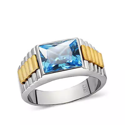 NEW Blue Topaz Gemstone Solid 925 Sterling Silver Band Ring For Men • £154.11