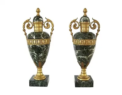 Pair Of Louis XVI Style Verde Antico Marble & Gilt Bronze Urns - 19/20th Century • $9500