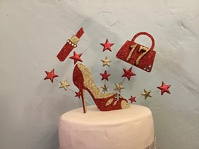 Gold And Red Bag Shoe Make Up Ladiescake Topper Personalised With Any Age. • £10.50