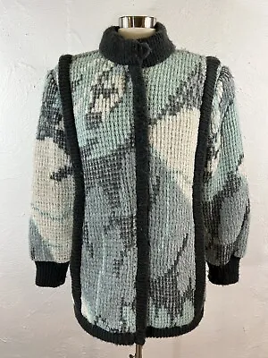 Vintage Icelandic Sweater Coat Fuzzy Womens M Lined Zip Front 80s Abstract • $45