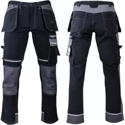 Mens Multi Pocket Cargo Combat Work Trousers Black Holster Pockets Heavy Duty  • £25.99