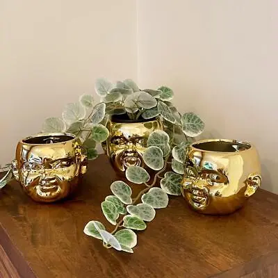 Gold Medium Baby Face Ceramic Plant Pots Wall Mounted / Freestanding Set Of 3  • £13.50