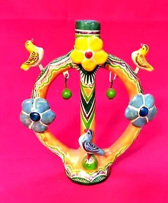 Vibrant Vintage Mexican Pottery 5 1/2  Tree Of Life Candle Holder • $35