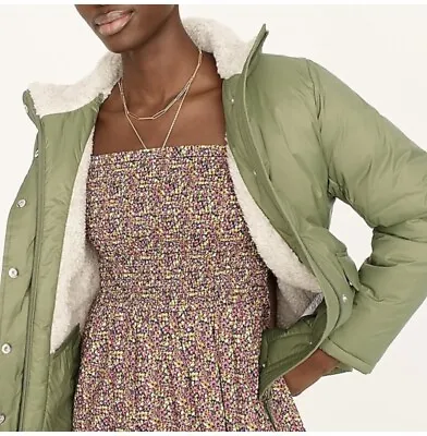 J. Crew Sherpa Lined Puffer Jacket Coat Primaloft Warm Sz Small Women Green NWT • $29