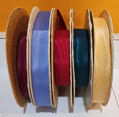 5 Vintage Spools Lion Brand Moire Ribbon 5/8  Wine Blue Red Turquoise Light Gold • $20