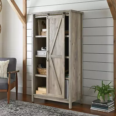 Modern Country Farmhouse Tall Storage Cabinet Sliding Barn Doors Rustic Gray • $283.91