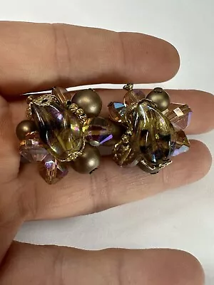 Vintage Earrings Clip On Vendome Cluster Glass Bead Brown Metallic • $16