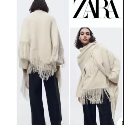 Zara Cream 100% Wool Cape Fringe Poncho Wrap Size M Medium 10 12 • $63.75