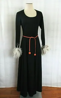 Vintage Maxi Dress 1970s Black Gown 34 White Marabou Feather Cuffs Glam Rock • $145