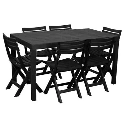 Plastic Rectangle Patio Dining Table & 6 Folding Chairs Outdoor Garden Furniture • £164.99