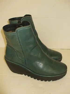 Womens Fly London Yeti Ankle Boots UK 6 Petrol Leather Teal Blue Wedge Zip • £39.95