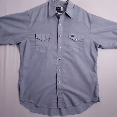 Vintage Wrangler Shirt Mens 17 Blue Chambray Western Pearl Snap X Long Tails • $21.80