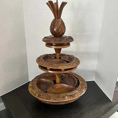 3 Tier Hand Carved Monkey Pod Pineapple Lazy Susan Serving Wood Tray Vintage  • $49