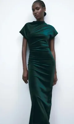 Zara Draped Velvet Dress Size L Green 8707/288 Bnwt Bloggers Favourite • £30