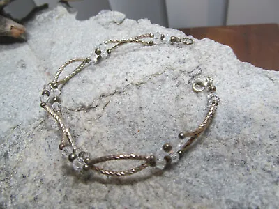 Vintage 925 Sterling Silver Glass White Bicone Bead Beaded Bracelet 7 5/8  • $15