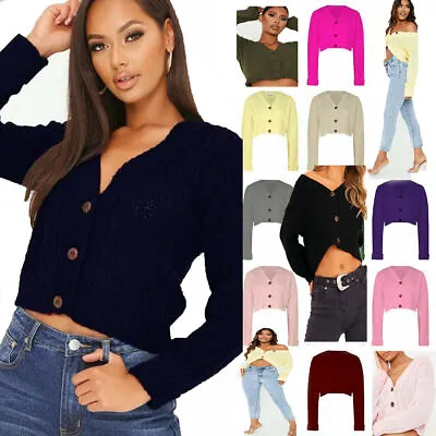 NEW Women's Chunky Cable Knitted Cardigan 3 Button Long Sleeves Crop Top Short • £9.89