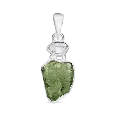 Genuine Czech Moldavite & Herkimer Pendant 925 Sterling Silver Handmade Jewelry • $40.80