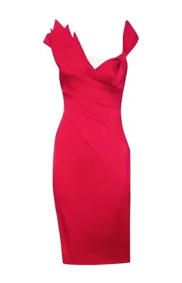 KAREN MILLEN Signature Red Satin Evening Cocktail Pencil DRESS UK 8 • £64