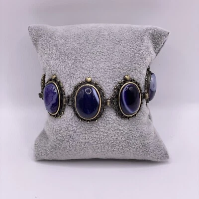 $9.95 • Buy Vintage Bracelet Silver Tone Purple Glass Cabochon Oval Costume Jewelry 6-7 